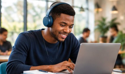 Learner studying on a laptop with headphones