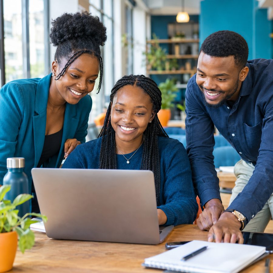 Three learners smiling together around a laptop